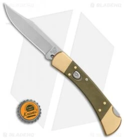 Buck Knives Buck 110 Automatic Knife OD Green Canvas Micarta/Brushed Brass (3.75" SW) -Knife Sale Shop Buck 110 Auto Brushed Micarta Brass BHQ 88783 er bottlecap