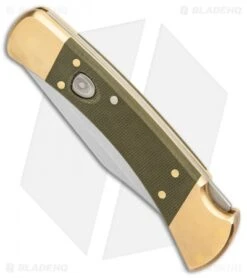Buck Knives Buck 110 Automatic Knife OD Green Canvas Micarta/Brushed Brass (3.75" SW) -Knife Sale Shop Buck 110 Auto Brushed Micarta Brass BHQ 88783 er spine