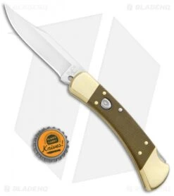 Buck Knives Buck 110 Automatic Knife OD Grn Micarta/Brushed Brass (3.75" S30V SW) Exclusive -Knife Sale Shop Buck 110 Auto OD Green Micarta Brushed Brass SW 0110GRSABHQ2 B BHQ 90211 jr bottlecap