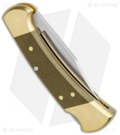 Buck Knives Buck 112 Exclusive Automatic Knife Green Micarta/Brass (3" Satin) -Knife Sale Shop Buck 112 Exclusive Auto OD Green Micarta Polished Brass Satin 0112GRSABHQ B BHQ 101545 jr side 1 2