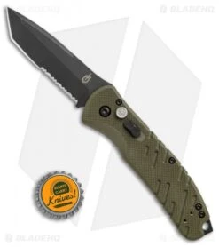 Gerber Propel Downrange Automatic Knife OD Green (3.5" Black Serr) -Knife Sale Shop Gerber Auto Propel Downrange OD green black serr BHQ 67394 er size