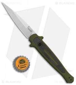Kershaw Launch 8 Stiletto Automatic Knife Green/CF (3.5" Stonewash) -Knife Sale Shop Kershaw Launch 8 Stiletto Auto Green CF SW KER7150OLSW BHQ 105833 jr bottlecap