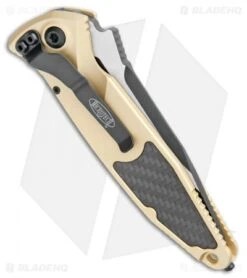 Microtech Socom Elite S/E Automatic Knife Gold/CF (4" Two-Tone) 160A-1CGCFI -Knife Sale Shop Microtech Socom Elite SE Auto Gold CF TT 160A 1CGCFI BHQ 108656 jr side
