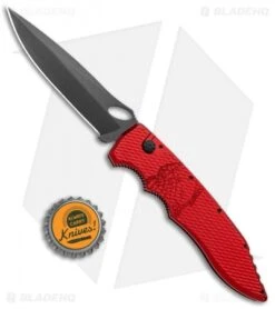Piranha Mini Predator Red Automatic Knife (3.5" Black Plain) -Knife Sale Shop Piranha Mini Predator Red Tactical Auto Black Plain BHQ 14887 jr bottlecap