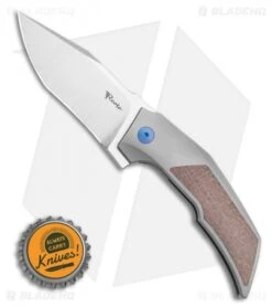 Reate Knives Reate Bharucha T3000 Frame Lock Brown Micarta/Ti Blue Screws (3" Satin) -Knife Sale Shop Reate Bharucha T3000 Frame Lock Brown Micarta Ti Blue Screws 3in Satin BHQ 115096 LS Bottlecap