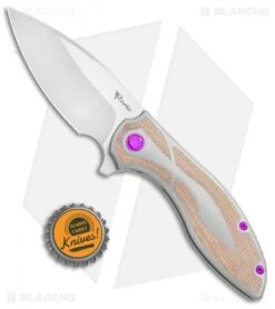 Reate Knives Reate Iron Frame Lock Flipper Knife Brown Micarta/Purple Hardware (3.25" Satin) -Knife Sale Shop Reate Iron FL Flipper Brown Micarta Purple Satin BHQ 111111 jr bottlecap