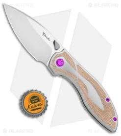 Reate Knives Reate Iron Frame Lock Knife W/ Thumb Stud Brown Micarta/Purple HW (3.25" Satin) -Knife Sale Shop Reate Iron FL Thumb Stud Brown Micarta Purple Satin BHQ 111151 jr bottlecap