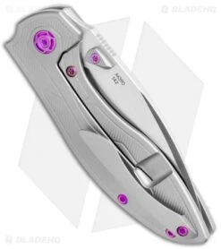 Reate Knives Reate Iron Frame Lock Knife W/ Thumb Stud Brown Micarta/Purple HW (3.25" Satin) -Knife Sale Shop Reate Iron FL Thumb Stud Brown Micarta Purple Satin BHQ 111151 jr side