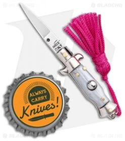 SKM Italian Stiletto Keychain Automatic Knife Silver/Pink (1.125" Satin) -Knife Sale Shop SKM Italian Stiletto Keychain Auto Silver Pink Satin BHQ 102939 jr bottlecap