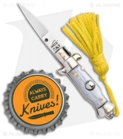 SKM Italian Stiletto Keychain Automatic Knife Silver/Yellow (1.125" Satin) -Knife Sale Shop SKM Italian Stiletto Keychain Auto Silver Yellow Satin BHQ 102940 jr bottlecap