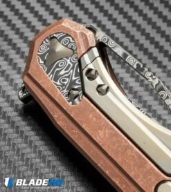 Marfione Custom Knives Sigil Flipper Knife Copper (Cowry-X/Damascus) 12 Marfione Custom Knives Sigil Flipper Knife Copper (Cowry-X/Damascus) -Knife Sale Shop microtech sigil copper w bronze hw cowry x plate detail cm