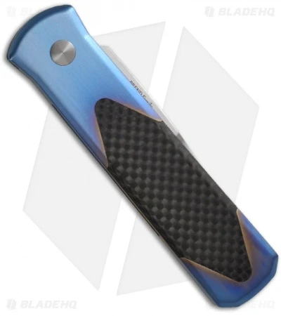 Pro-Tech Godson Blue Titanium Custom Automatic Knife W/ Carbon Fiber (Satin PLN) 4 Pro-Tech Godson Blue Titanium Custom Automatic Knife W/ Carbon Fiber (Satin PLN) - Image 2
